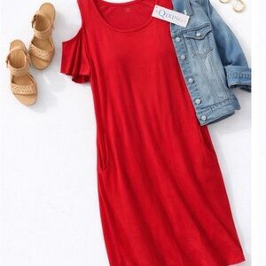 ❤️ Red Cold Shoulder Dress – Size Small (Qixing) – NEW WITH TAGS
